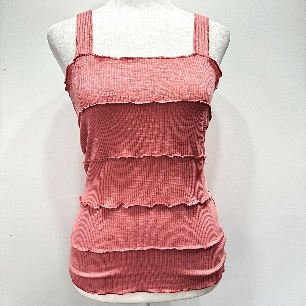 POL Mauve Pink Tiered Exposed Stitch Ribbed Strappy Cotton Blend Tank Top